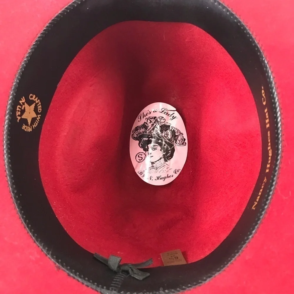 Nancy Hughes Hat She’s A Lady Western Red Wool Felt Velveteen Band & Bow  6.3/4